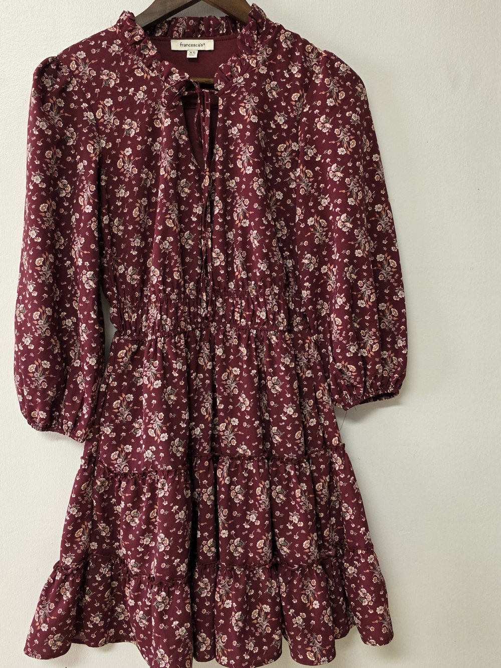 Francesca's Plum Floral Ruffled Tie-Neck Dress